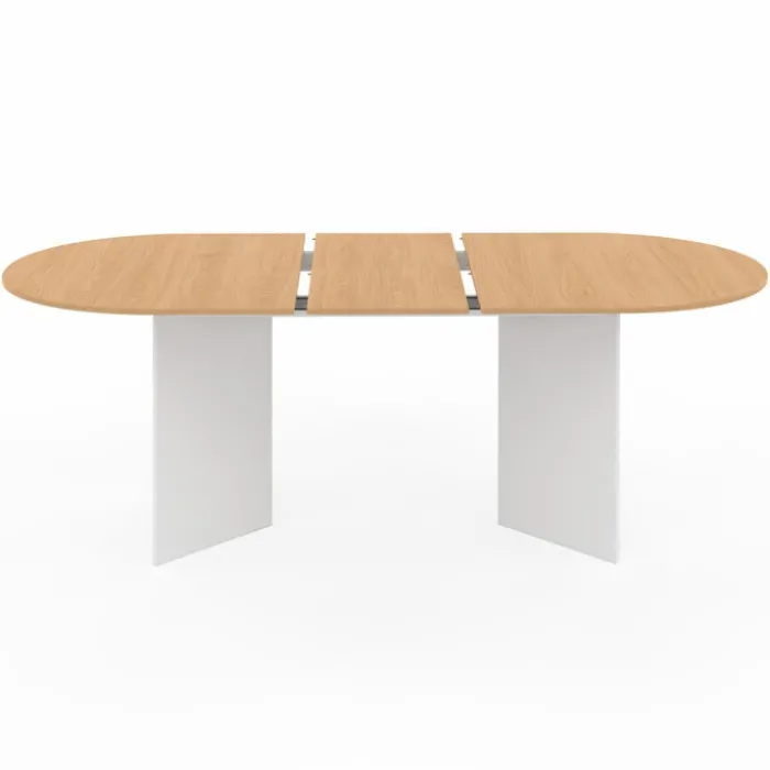 Table à manger extensible 6 -10 personnes plateau ovale bois façon hêtre et blanc 160-200 cm