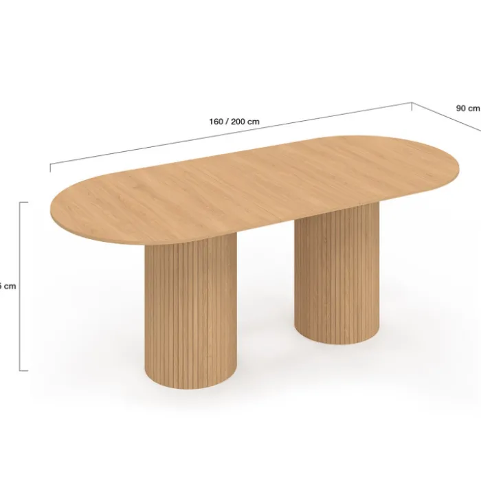 Table à manger extensible ovale 6-10 personnes pieds cylindriques effet lattes 160-200 cm