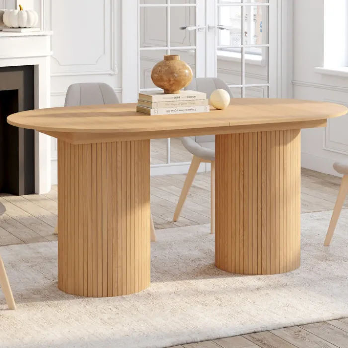 Table à manger extensible ovale 6-10 personnes pieds cylindriques effet lattes 160-200 cm