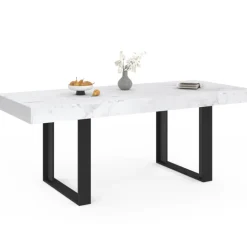 Table à manger extensible rectangulaire 200 cm pour 8 personnes effet marbre et noir