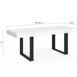 Table à manger extensible rectangulaire 200 cm pour 8 personnes effet marbre et noir