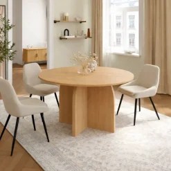 Table à manger fixe ronde 6 personnes bois effet hêtre 110 cm