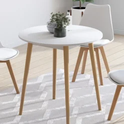 Table à manger fixe ronde 4 personnes blanc pieds bois 80 cm