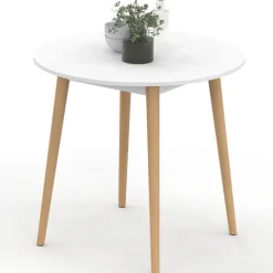 Table à manger fixe ronde 4 personnes blanc pieds bois 80 cm