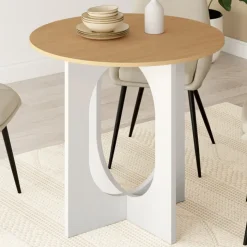 Table à manger fixe ronde 4 personnes pied arc blanc et bois 80 cm