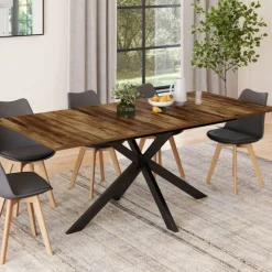 Table à manger industrielle extensible 6-10 personnes bois foncé 160-200 cm