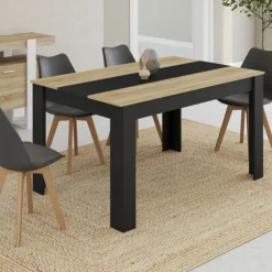 Table à manger noire et imitation hêtre pour 6 personnes