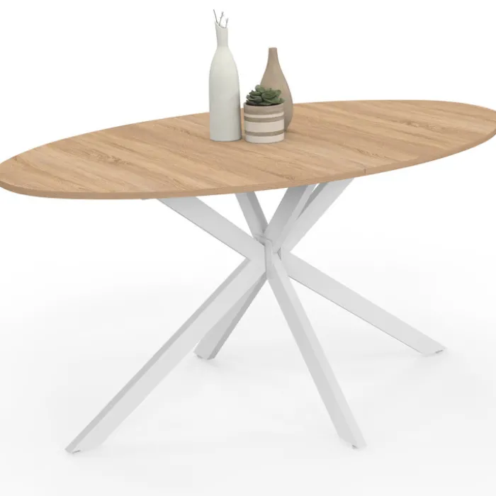 Table à manger ovale 150 cm 8 personnes plateau bois et pied araignée métal blanc