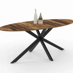 Table à manger ovale 10 personnes 200 cm pied araignée noir et plateau bois foncé