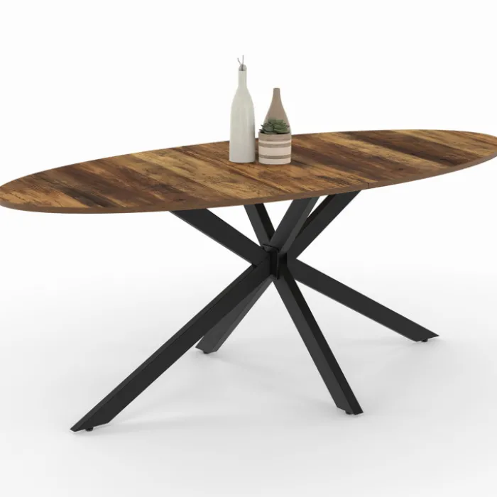 Table à manger ovale 10 personnes 200 cm pied araignée noir et plateau bois foncé