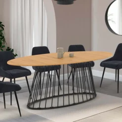 Table à manger ovale 10 personnes bois et métal noir