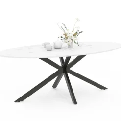 Table à manger ovale métal noir et plateau effet marbre blanc