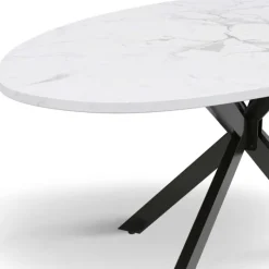 Table à manger ovale métal noir et plateau effet marbre blanc