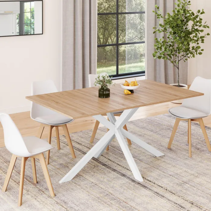 Table à manger pied central bois et blanc 8 personnes