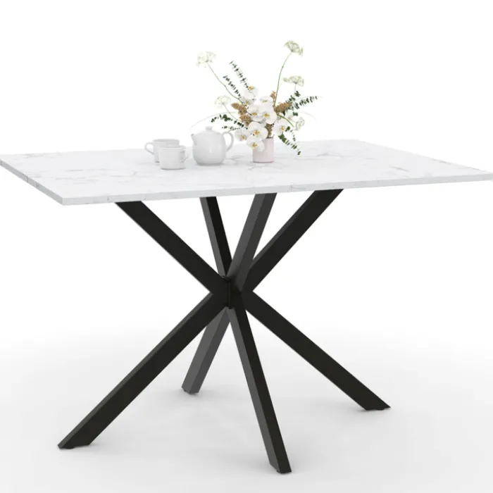 Table à manger rectangulaire effet marbre blanc pied araignée métal noir