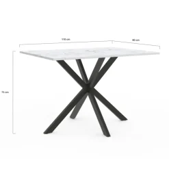 Table à manger rectangulaire effet marbre blanc pied araignée métal noir
