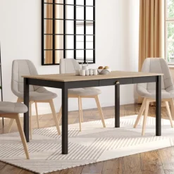 Table à manger rectangulaire bois et noir avec tiroir