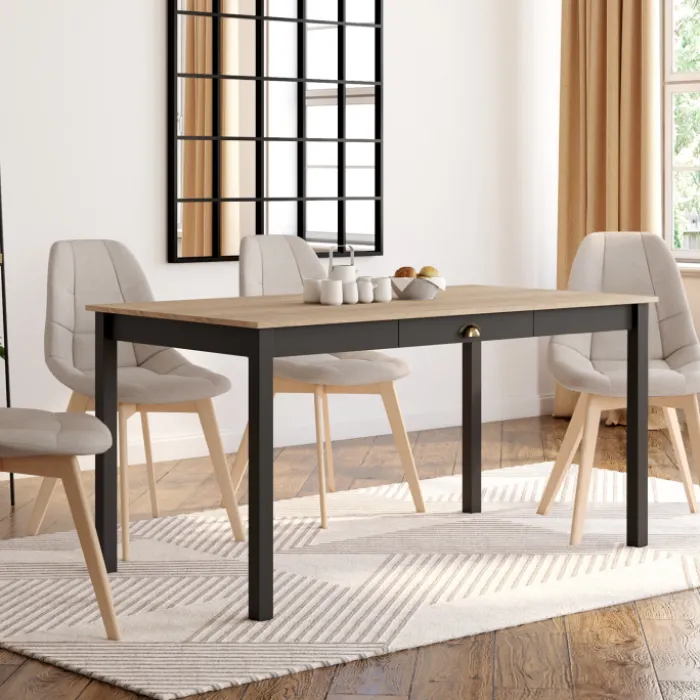 Table à manger rectangulaire bois et noir avec tiroir