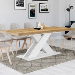 Table à manger rectangulaire extensible bois et blanc 6 à 10 personnes 160-200 cm