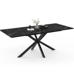 Table à manger rectangulaire extensible métal et effet marbre noir 160-200 cm