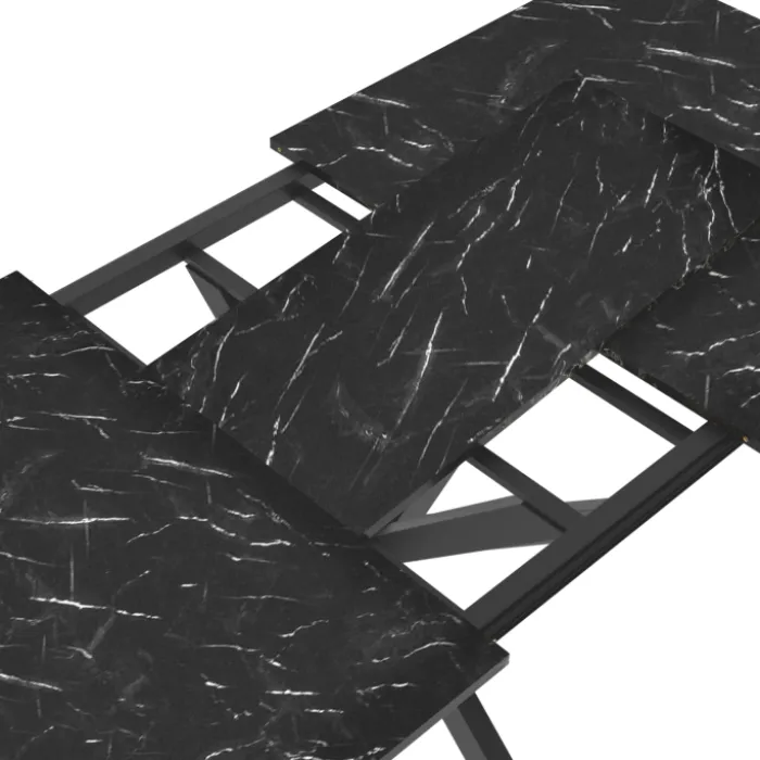 Table à manger rectangulaire extensible métal et effet marbre noir 160-200 cm