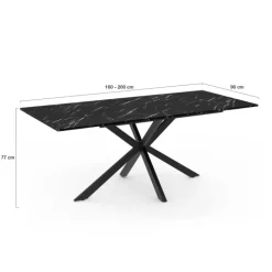 Table à manger rectangulaire extensible métal et effet marbre noir 160-200 cm