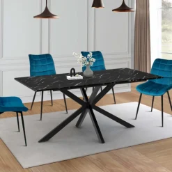 Table à manger rectangulaire extensible métal et effet marbre noir 160-200 cm