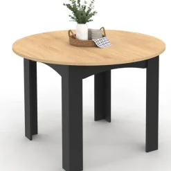 Table à manger ronde 110 cm 4-6 personnes noire plateau façon hêtre