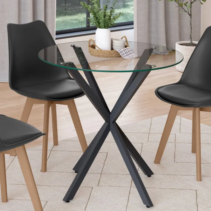 Table à manger ronde 80 cm 4 personnes pied araignée noir et plateau verre