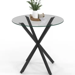 Table à manger ronde 80 cm 4 personnes pied araignée noir et plateau verre