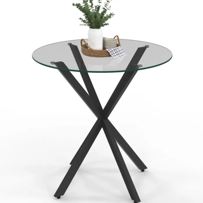 Table à manger ronde 80 cm 4 personnes pied araignée noir et plateau verre