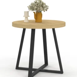 Table à manger ronde 80 cm 4 personnes en bois et pieds noirs style industriel