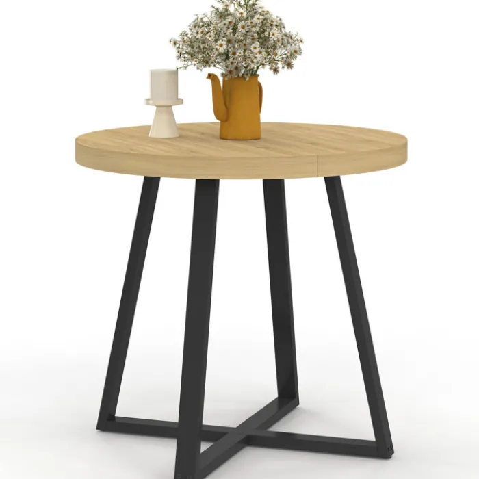 Table à manger ronde 80 cm 4 personnes en bois et pieds noirs style industriel