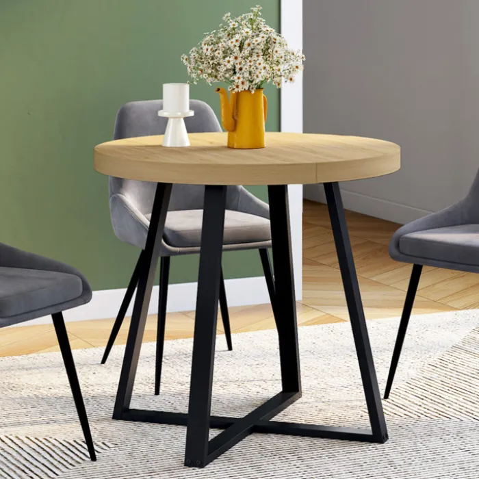 Table à manger ronde 80 cm 4 personnes en bois et pieds noirs style industriel