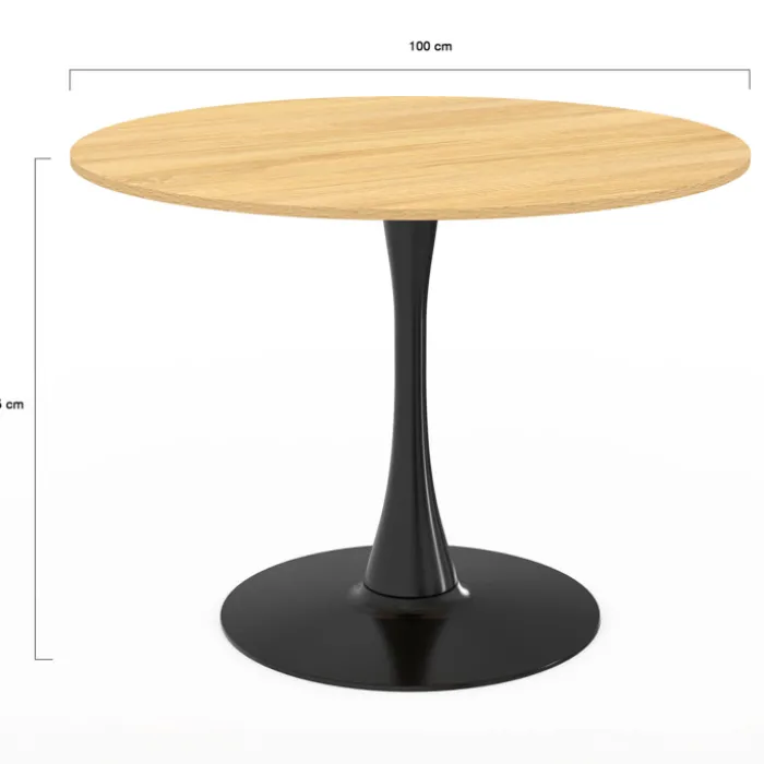 Table à manger ronde 100 cm bois et noir 4 personnes pied tulipe