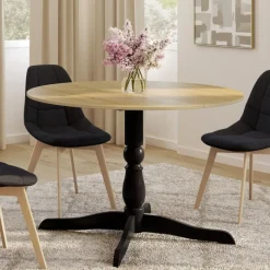 Table à manger ronde 4-6 personnes 110cm bois façon hêtre et noir