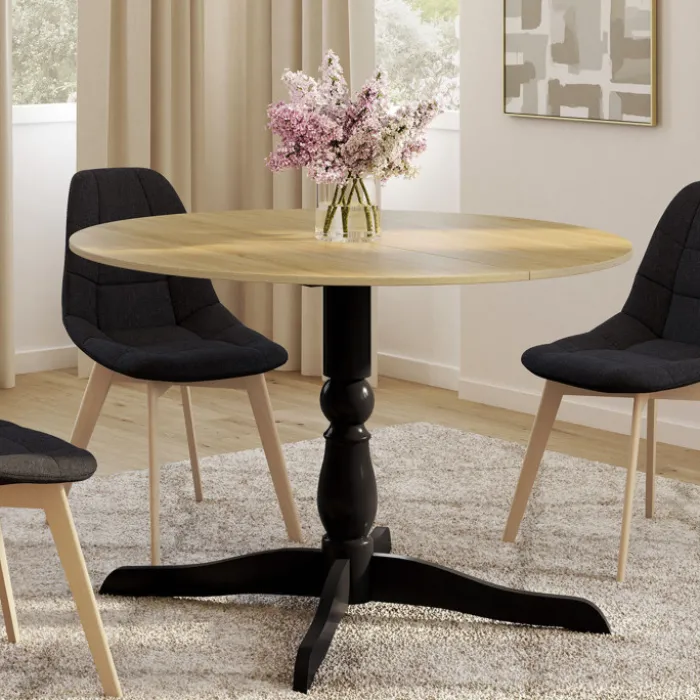 Table à manger ronde 4-6 personnes 110cm bois façon hêtre et noir
