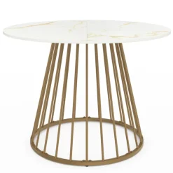 Table à manger ronde 6 personnes pied filaire laiton et plateau effet marbre blanc 110 cm