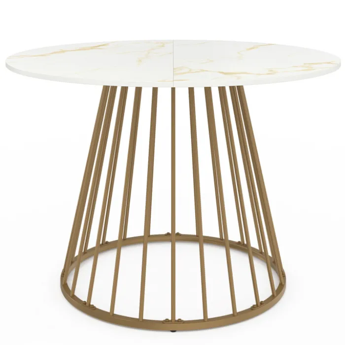 Table à manger ronde 6 personnes pied filaire laiton et plateau effet marbre blanc 110 cm