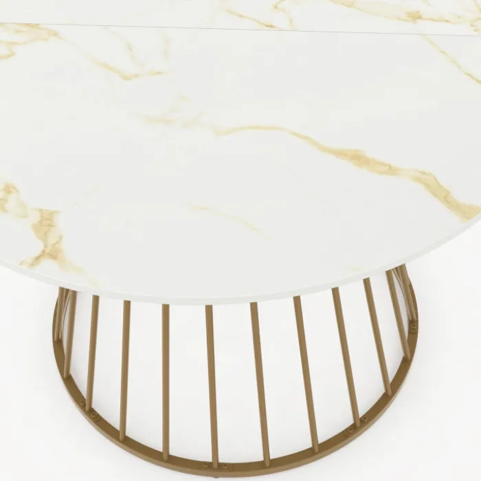 Table à manger ronde 6 personnes pied filaire laiton et plateau effet marbre blanc 110 cm