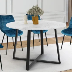 Table à manger ronde 4-6 personnes 110 cm effet marbre blanc et noir