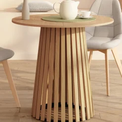 Table à manger ronde 4 personnes pied bois en lattes et plateau bois 80 cm