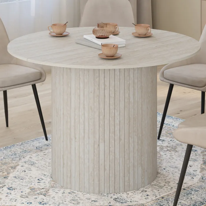 Table à manger ronde 6 personnes pied central effet lattes façon travertin 110 cm