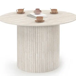 Table à manger ronde 6 personnes pied central effet lattes façon travertin 110 cm