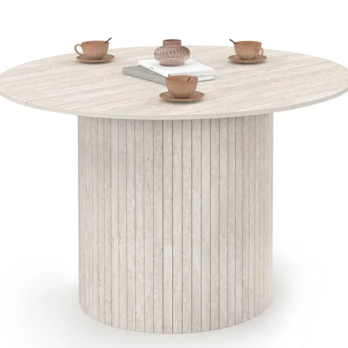 Table à manger ronde 6 personnes pied central effet lattes façon travertin 110 cm