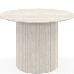 Table à manger ronde 6 personnes pied central effet lattes façon travertin 110 cm