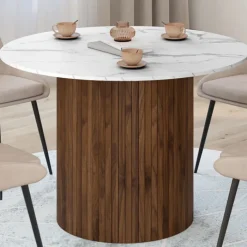 Table à manger ronde 6 personnes pied central effet lattes noyer et plateau effet marbre blanc ALASKA 110 cm