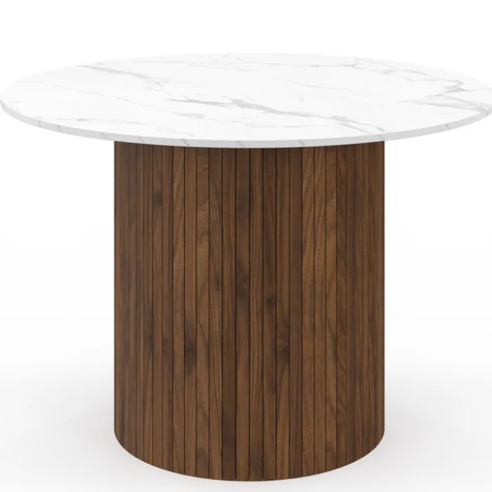 Table à manger ronde 6 personnes pied central effet lattes noyer et plateau effet marbre blanc ALASKA 110 cm