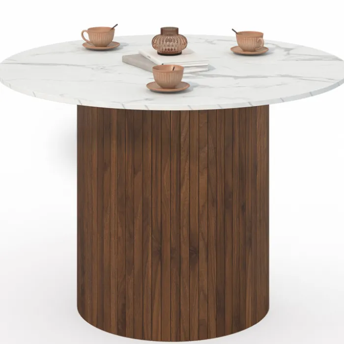 Table à manger ronde 6 personnes pied central effet lattes noyer et plateau effet marbre blanc ALASKA 110 cm