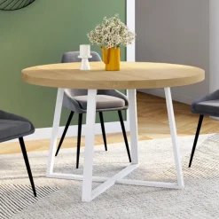 Table à manger ronde 4-6 personnes bois et blanc 110-150 cm